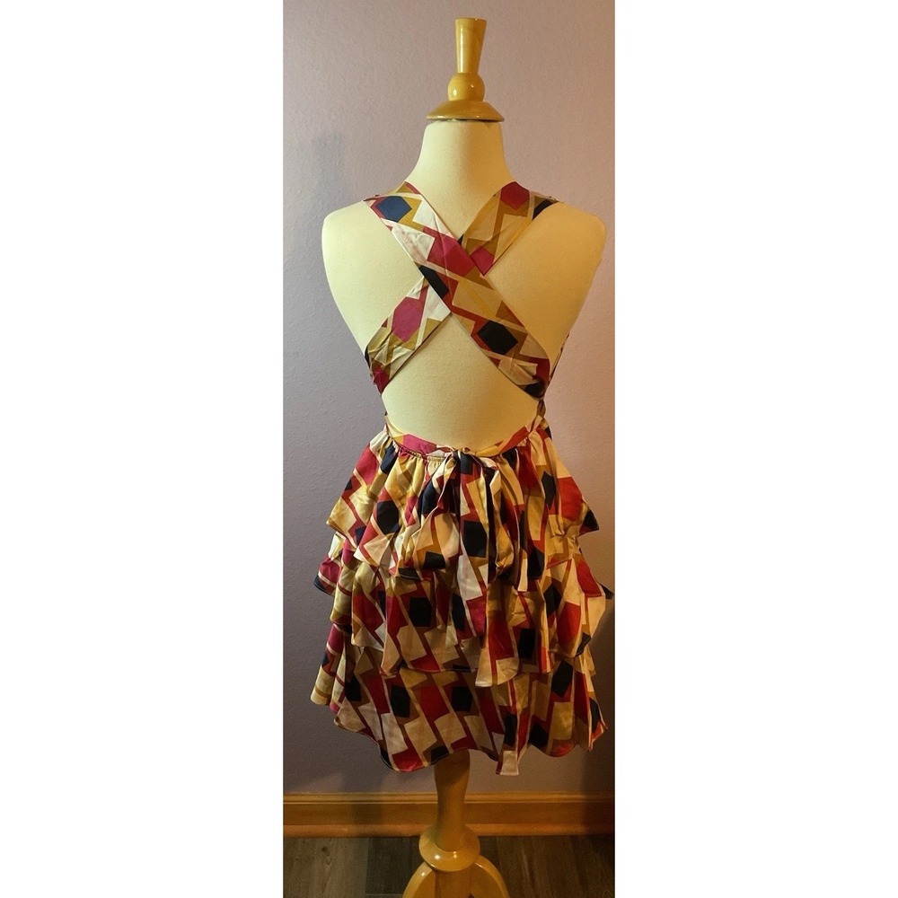 Edit By Nine Satin Geometric Tan Maroon Navy Blue Tiered Ruffle Dress Medium New - Picture 3 of 3